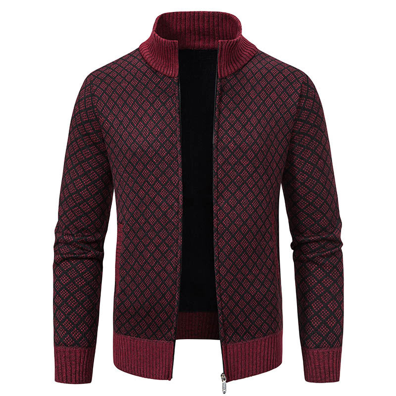Dicke, karierte Strickjacke, modische Slim-Fit-Strickjacke mit Reißverschluss und Stehkragen, Winter-Herren-Freizeitjacke mit langen Ärmeln
