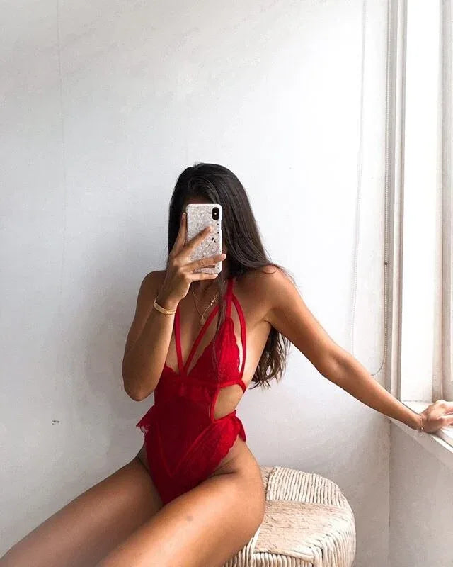 Damen Erotikkleid V-Ausschnitt Unterwäsche Transparente Spitze - Shopteufel