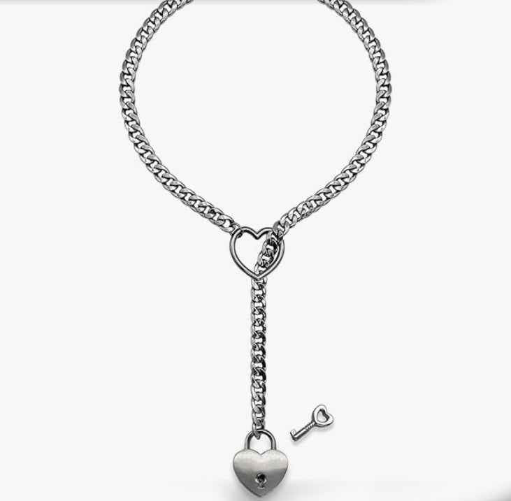 Stainless Steel Lariat Heart Necklace Personality Heavy Ring Cuban Long Chain Punk Rock Slipchain Choker Collar For Women Men - Shopteufel