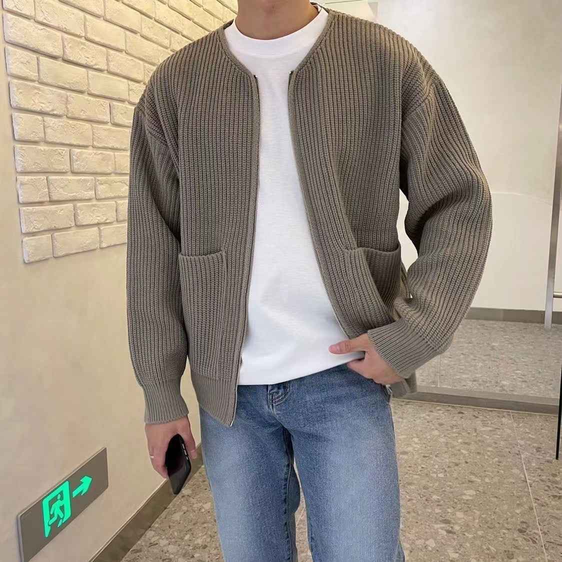 Men Zip Up Knitted Cardigan Lined Funnel Neck Jumper Sweater Pockets Coat All Seasons Comfortable Soft Long Sleeve - Shopteufel