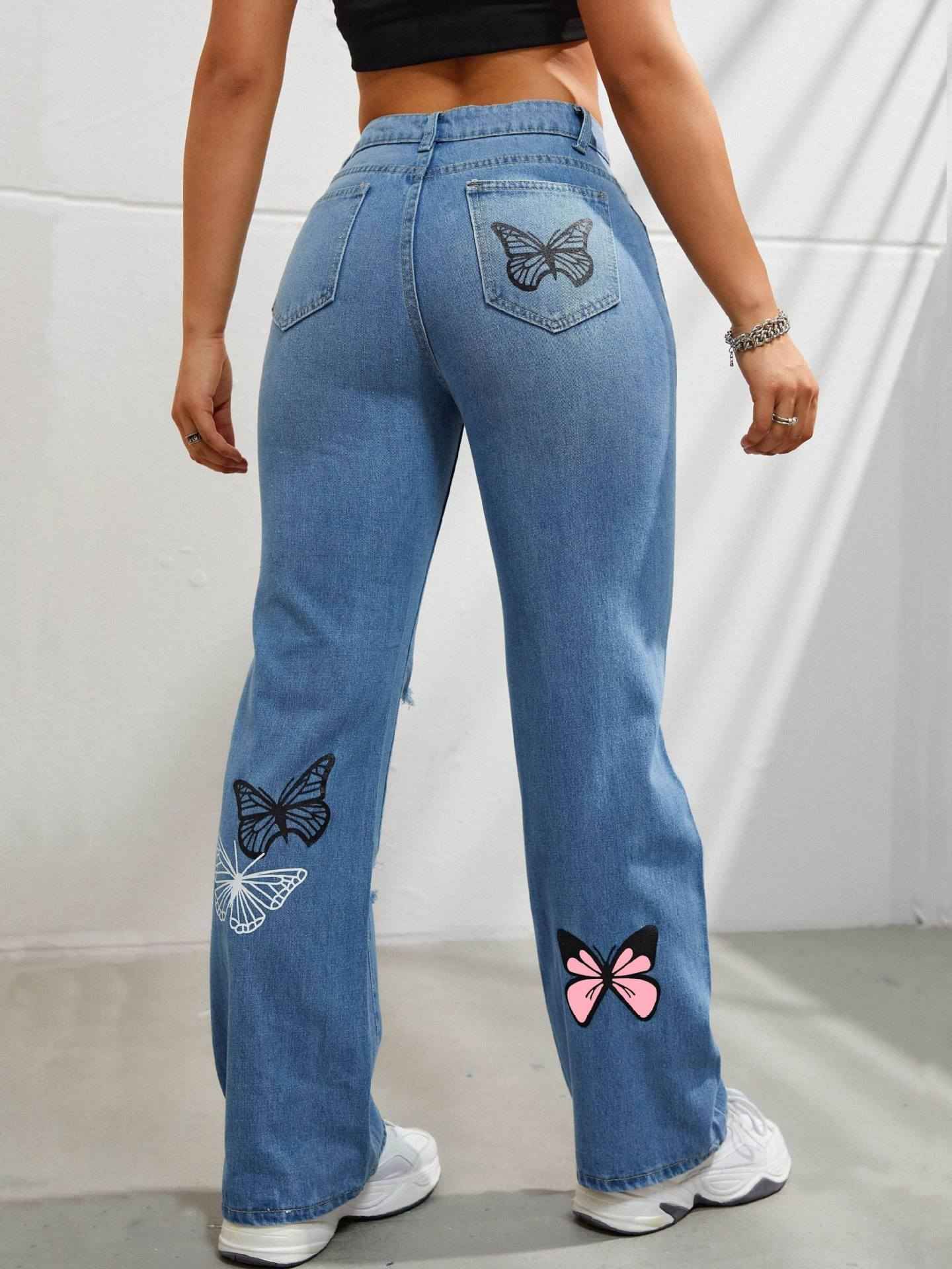 High Waisted Straight Leg Jeans For Women Trendy Butterfly Print Ripped Distressed Denim Pants - Shopteufel