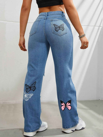 High Waisted Straight Leg Jeans For Women Trendy Butterfly Print Ripped Distressed Denim Pants - Shopteufel