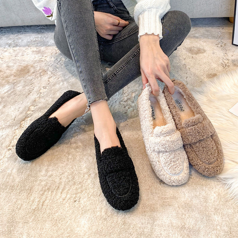 Winter Plush Flats Shoes Ins Fashion Slip On Loafers Women's Warm Peas Shoes - Shopteufel