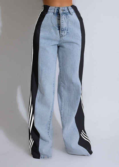 2024 Fashion Casual High Waist Elastic Straight Leg Trousers Three Stripe Patchwork Denim Wide Leg Pants Streetwear - Shopteufel