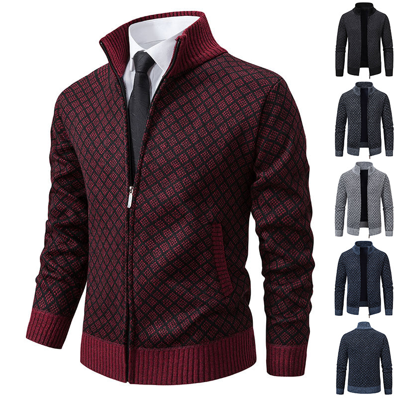 Dicke, karierte Strickjacke, modische Slim-Fit-Strickjacke mit Reißverschluss und Stehkragen, Winter-Herren-Freizeitjacke mit langen Ärmeln