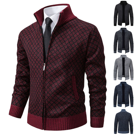 Dicke, karierte Strickjacke, modische Slim-Fit-Strickjacke mit Reißverschluss und Stehkragen, Winter-Herren-Freizeitjacke mit langen Ärmeln