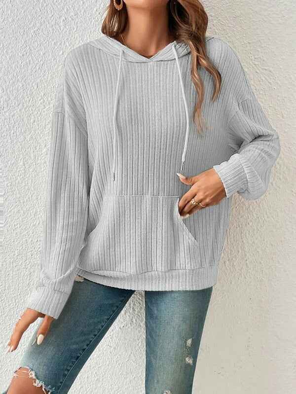 Fashion Drawstring Long-sleeved Hooded Sweatshirt With Pockets Solid Sunken Stripe Hoodie Knitwear Womens Clothing - Shopteufel