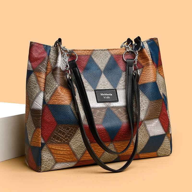 Retro-Schultertasche mit geometrischem Muster und farblich abgestimmten Details - Shopteufel