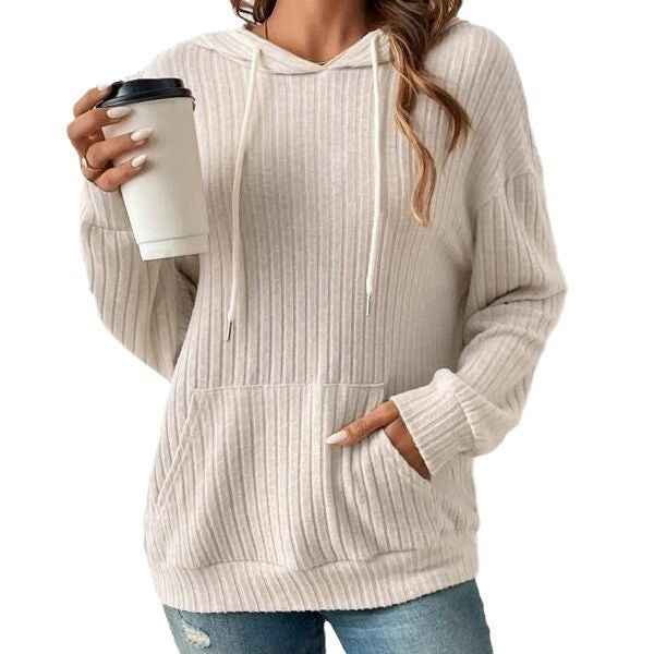 Fashion Drawstring Long-sleeved Hooded Sweatshirt With Pockets Solid Sunken Stripe Hoodie Knitwear Womens Clothing - Shopteufel