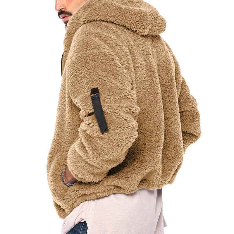 Plush Hooded Jacket Men's Autumn And Winter Fleece Double-sided Wear Warm Coat With Zipper Loose Casual Jacket Outdoor Clothing - Shopteufel