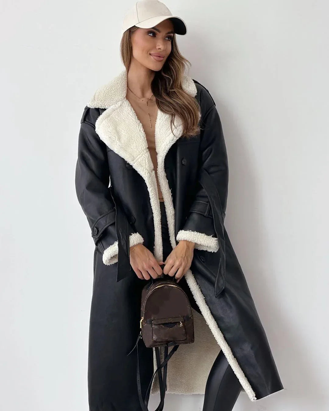 Winterjacke mit Gürtel, modischer, zweireihiger Windbreaker mit Reverskragen, langer Trenchcoat für Damen, mittellanger Mantel - Shopteufel