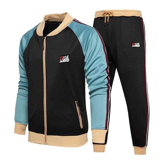 Zweiteiliger Trainingsanzug für Herren, modischer Jogginganzug im Colorblock-Design, ideal für Herbst und Winter, perfekt fürs Fitnessstudio. - Shopteufel