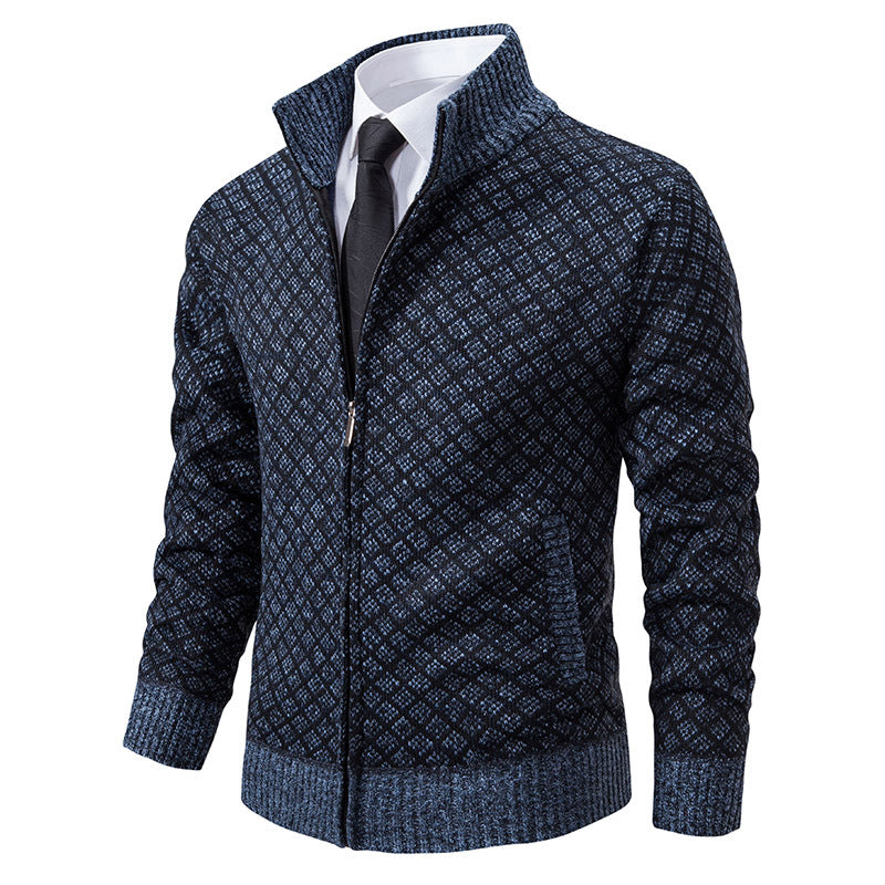 Dicke, karierte Strickjacke, modische Slim-Fit-Strickjacke mit Reißverschluss und Stehkragen, Winter-Herren-Freizeitjacke mit langen Ärmeln