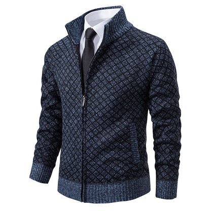 Dicke, karierte Strickjacke, modische Slim-Fit-Strickjacke mit Reißverschluss und Stehkragen, Winter-Herren-Freizeitjacke mit langen Ärmeln
