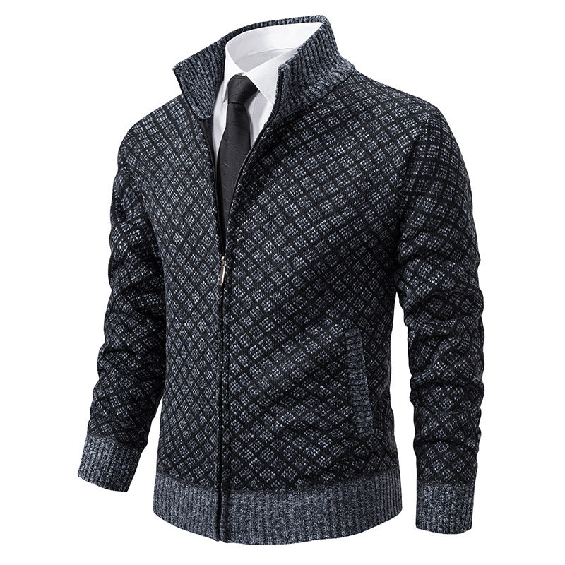 Dicke, karierte Strickjacke, modische Slim-Fit-Strickjacke mit Reißverschluss und Stehkragen, Winter-Herren-Freizeitjacke mit langen Ärmeln