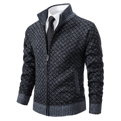 Dicke, karierte Strickjacke, modische Slim-Fit-Strickjacke mit Reißverschluss und Stehkragen, Winter-Herren-Freizeitjacke mit langen Ärmeln