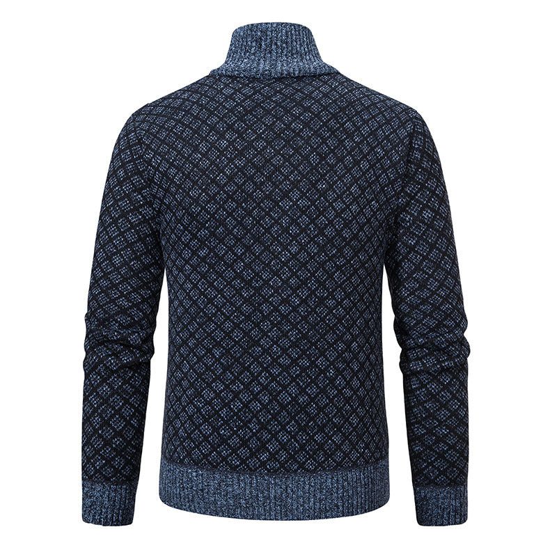 Dicke, karierte Strickjacke, modische Slim-Fit-Strickjacke mit Reißverschluss und Stehkragen, Winter-Herren-Freizeitjacke mit langen Ärmeln
