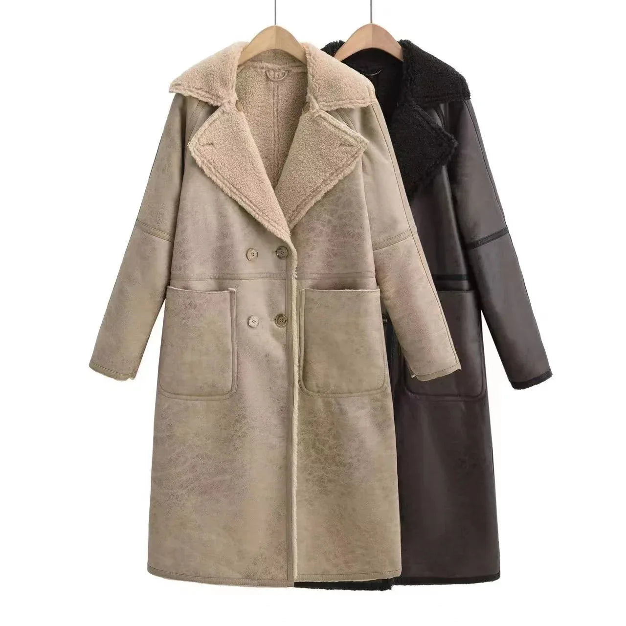 Winterjacke mit Gürtel, modischer, zweireihiger Windbreaker mit Reverskragen, langer Trenchcoat für Damen, mittellanger Mantel - Shopteufel