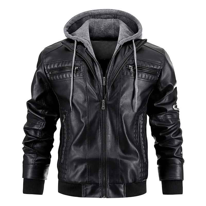 Hooded Jacket With Zipper Pockets Fashion Warm Pu Leather Coat Mens Clothing - Shopteufel