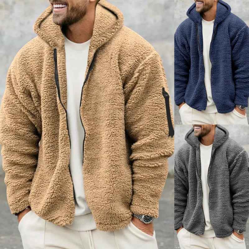 Plush Hooded Jacket Men's Autumn And Winter Fleece Double-sided Wear Warm Coat With Zipper Loose Casual Jacket Outdoor Clothing - Shopteufel