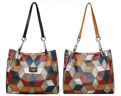 Retro-Schultertasche mit geometrischem Muster und farblich abgestimmten Details - Shopteufel
