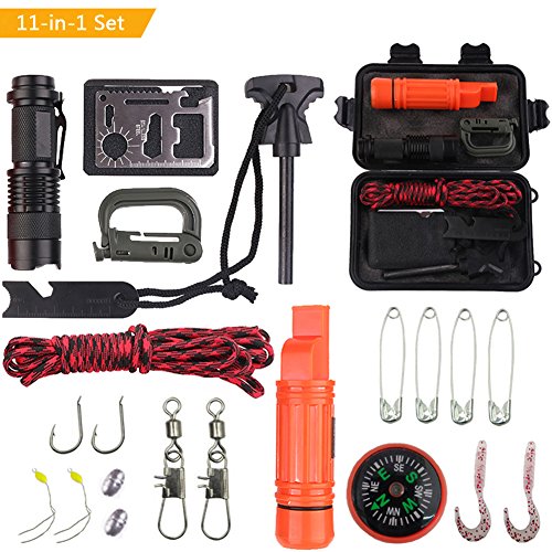11-in-1 Survival Set mit Taschenlampe, Kompass, Paracord, Angelhaken und Feuerstarter in Notfall-Etui
