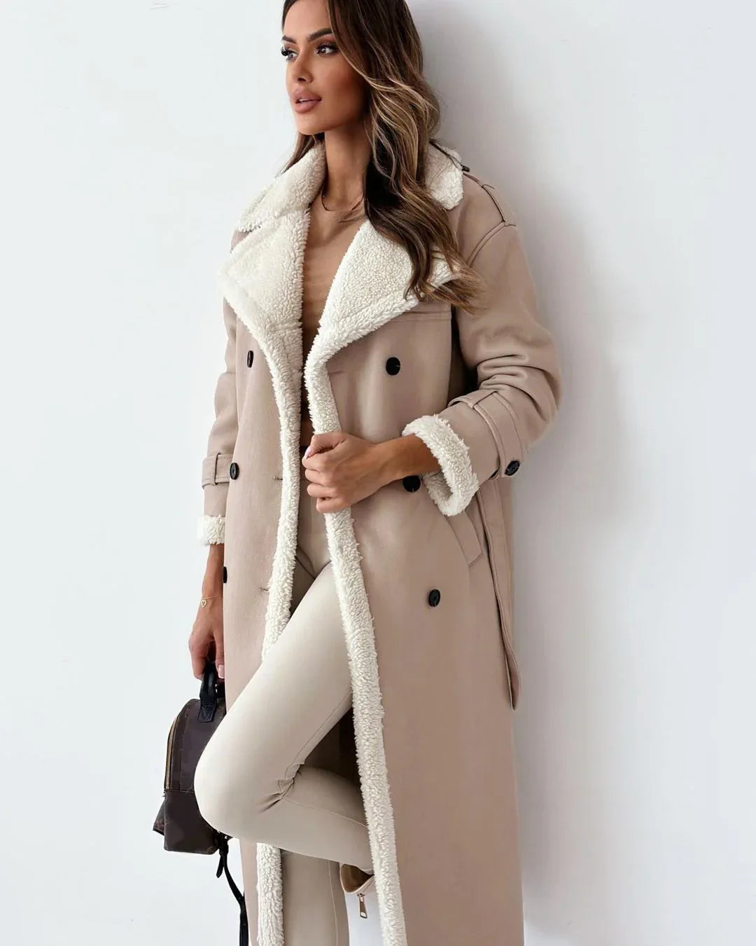 Winterjacke mit Gürtel, modischer, zweireihiger Windbreaker mit Reverskragen, langer Trenchcoat für Damen, mittellanger Mantel - Shopteufel