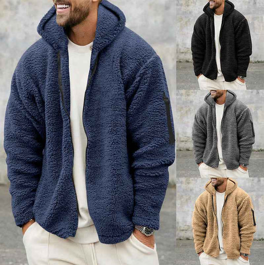 Plush Hooded Jacket Men's Autumn And Winter Fleece Double-sided Wear Warm Coat With Zipper Loose Casual Jacket Outdoor Clothing - Shopteufel