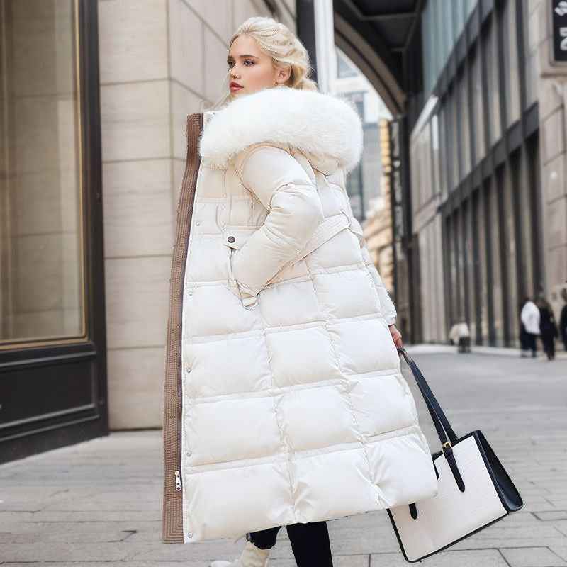 Winter Slim Long Jacket With Fur Hood And Belt Fashion Solid Hooded Coat Warm Clothing For Women - Shopteufel