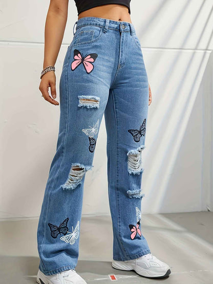 High Waisted Straight Leg Jeans For Women Trendy Butterfly Print Ripped Distressed Denim Pants - Shopteufel