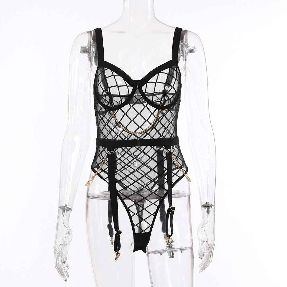 Mesh See-through Underwear Metal Chain Set - Shopteufel