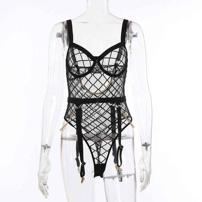 Mesh See-through Underwear Metal Chain Set - Shopteufel