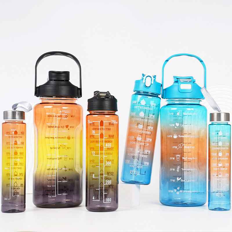 3-in-1 Gradient Color Motivational Water Bottles Set Plastic Straw Double Drink Translucent Outdoor Sports Bottle - Shopteufel