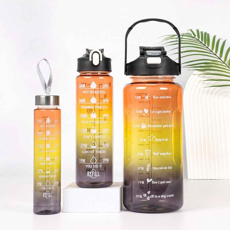 3-in-1 Gradient Color Motivational Water Bottles Set Plastic Straw Double Drink Translucent Outdoor Sports Bottle - Shopteufel