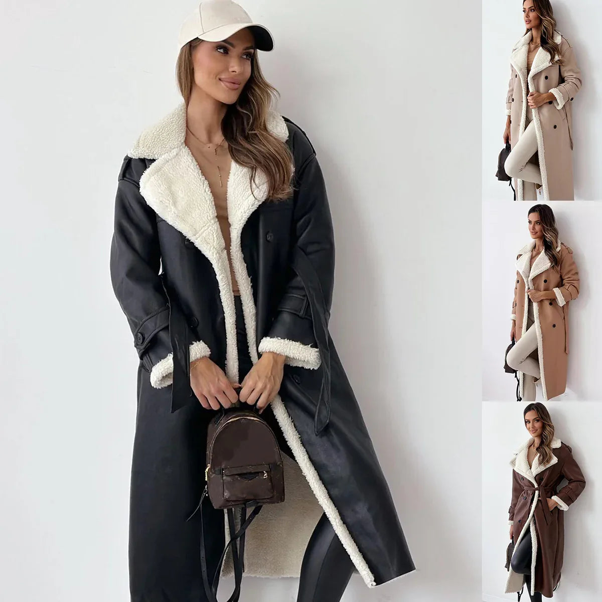 Winterjacke mit Gürtel, modischer, zweireihiger Windbreaker mit Reverskragen, langer Trenchcoat für Damen, mittellanger Mantel - Shopteufel