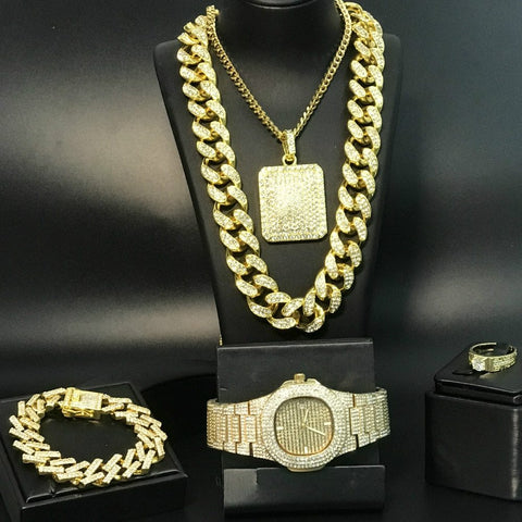 Hip-Hop-Set mit kubanischer Diamantkette für Herren