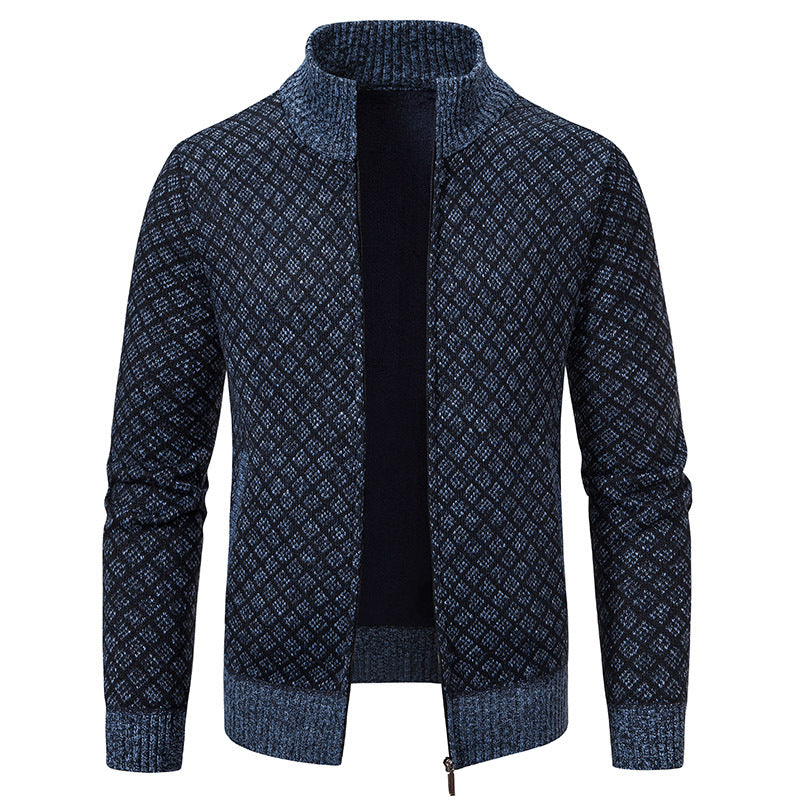Dicke, karierte Strickjacke, modische Slim-Fit-Strickjacke mit Reißverschluss und Stehkragen, Winter-Herren-Freizeitjacke mit langen Ärmeln