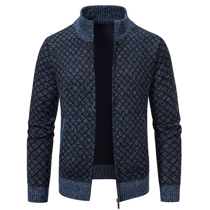 Dicke, karierte Strickjacke, modische Slim-Fit-Strickjacke mit Reißverschluss und Stehkragen, Winter-Herren-Freizeitjacke mit langen Ärmeln