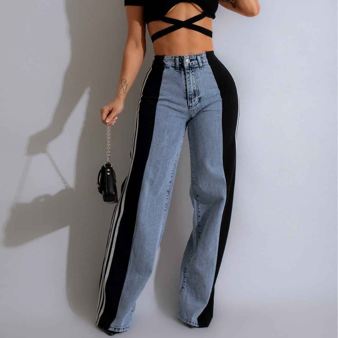 2024 Fashion Casual High Waist Elastic Straight Leg Trousers Three Stripe Patchwork Denim Wide Leg Pants Streetwear - Shopteufel