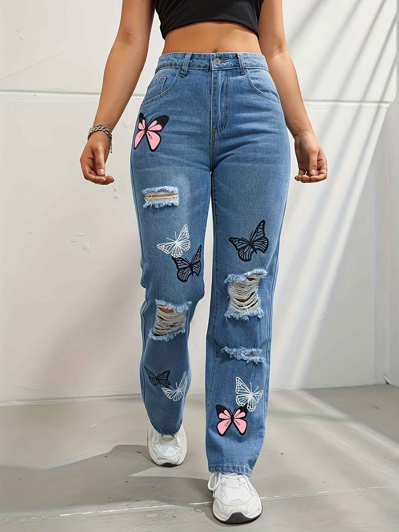 High Waisted Straight Leg Jeans For Women Trendy Butterfly Print Ripped Distressed Denim Pants - Shopteufel