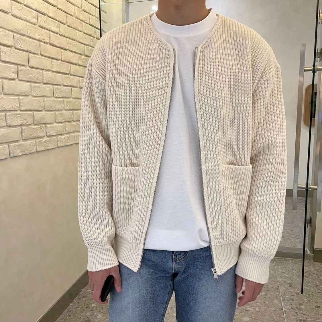 Men Zip Up Knitted Cardigan Lined Funnel Neck Jumper Sweater Pockets Coat All Seasons Comfortable Soft Long Sleeve - Shopteufel