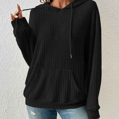 Fashion Drawstring Long-sleeved Hooded Sweatshirt With Pockets Solid Sunken Stripe Hoodie Knitwear Womens Clothing - Shopteufel