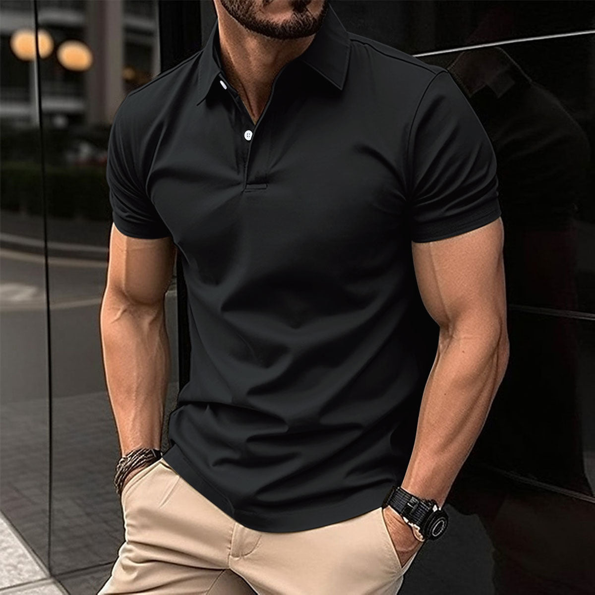 Sommerliches Kurzarm-Poloshirt für Herren, einfarbig, mit Knopfleiste am Revers - Shopteufel