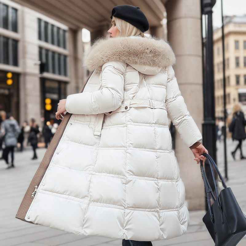 Winter Slim Long Jacket With Fur Hood And Belt Fashion Solid Hooded Coat Warm Clothing For Women - Shopteufel
