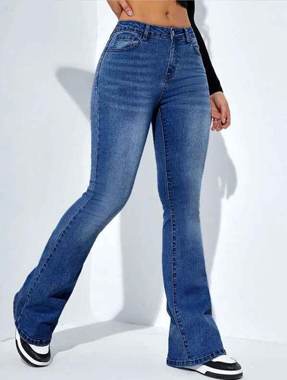 Damen-Jeans in schmaler Passform mit ausgestelltem Bein, modische, lässige Stretchhose mit hohem Bund - Shopteufel