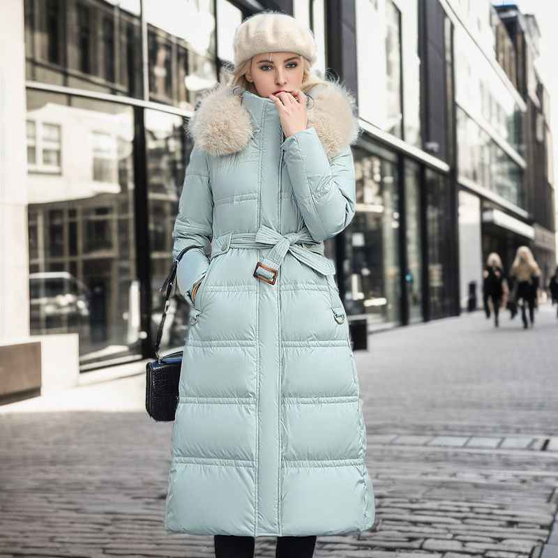 Winter Slim Long Jacket With Fur Hood And Belt Fashion Solid Hooded Coat Warm Clothing For Women - Shopteufel