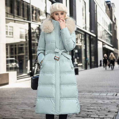 Winter Slim Long Jacket With Fur Hood And Belt Fashion Solid Hooded Coat Warm Clothing For Women - Shopteufel