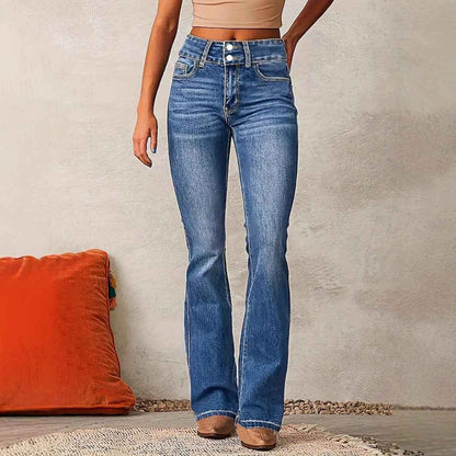 Schmal geschnittene Schlagjeans mit Taschen, modische Knopf- und Reißverschlusshose, Damen-Slim-Denim-Hose - Shopteufel