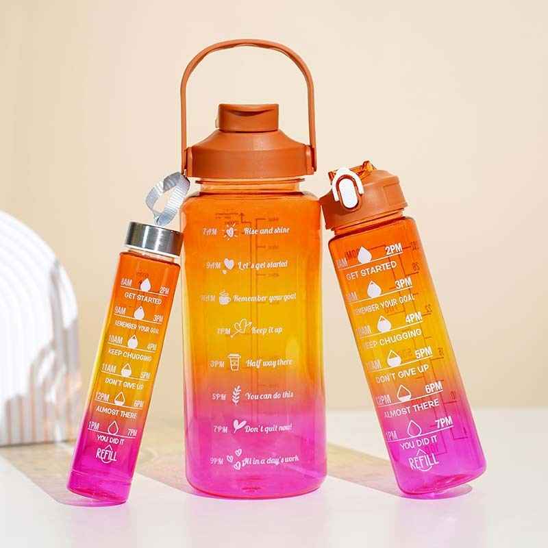 3-in-1 Gradient Color Motivational Water Bottles Set Plastic Straw Double Drink Translucent Outdoor Sports Bottle - Shopteufel