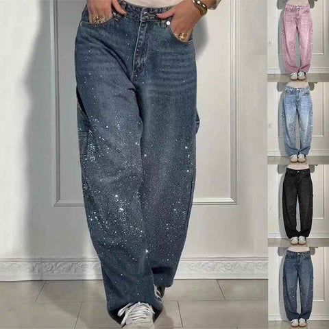 Glänzende, gerade geschnittene Jeans mit Taschen – Modische, lockere Hose mit weitem Bein für Damen im Streetstyle-Stil